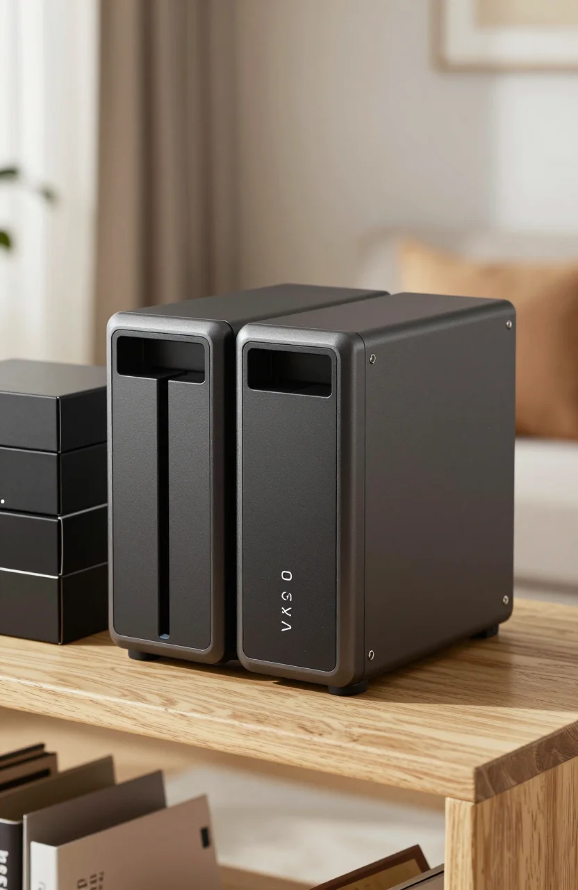 Two-bay home NAS on a shelf beside external hard drives