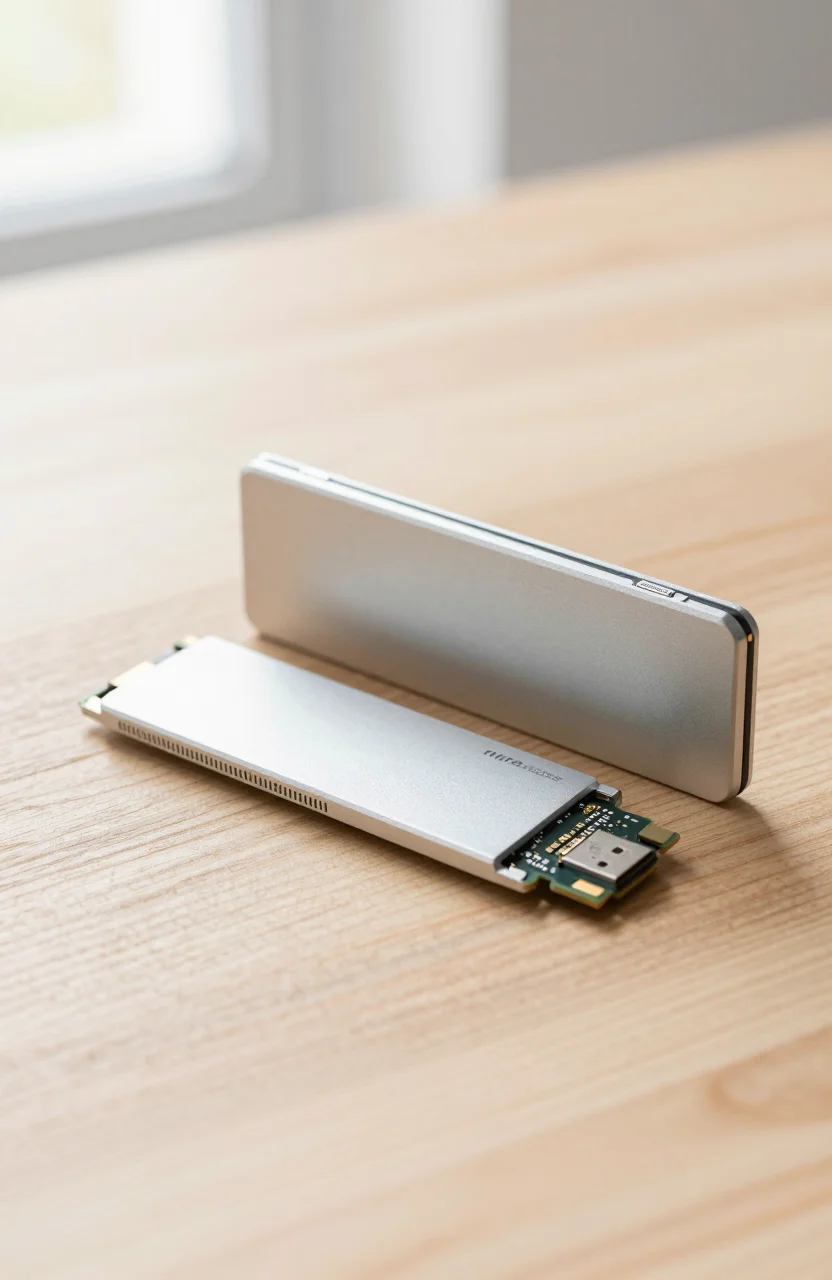 Compact USB-C NVMe enclosure next to an M.2 SSD on a clean desk