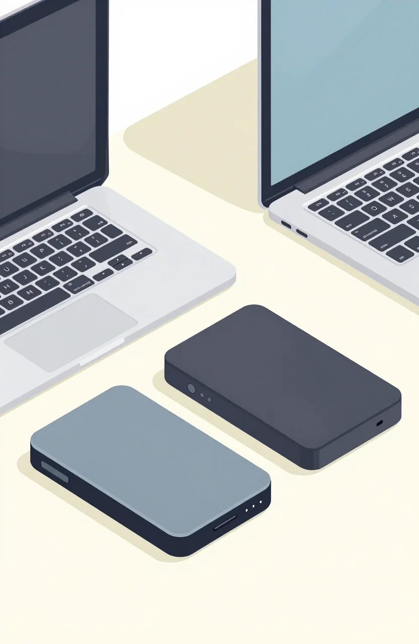 External hard drives stacked beside a laptop for backup