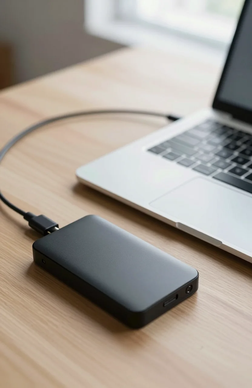 MacBook laptop next to a compact USB-C external SSD on a desk