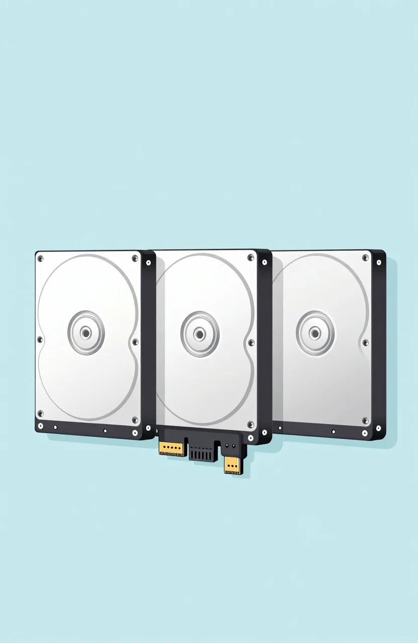 Flat illustration of internal desktop hard drives lined up with SATA connectors, clean light background