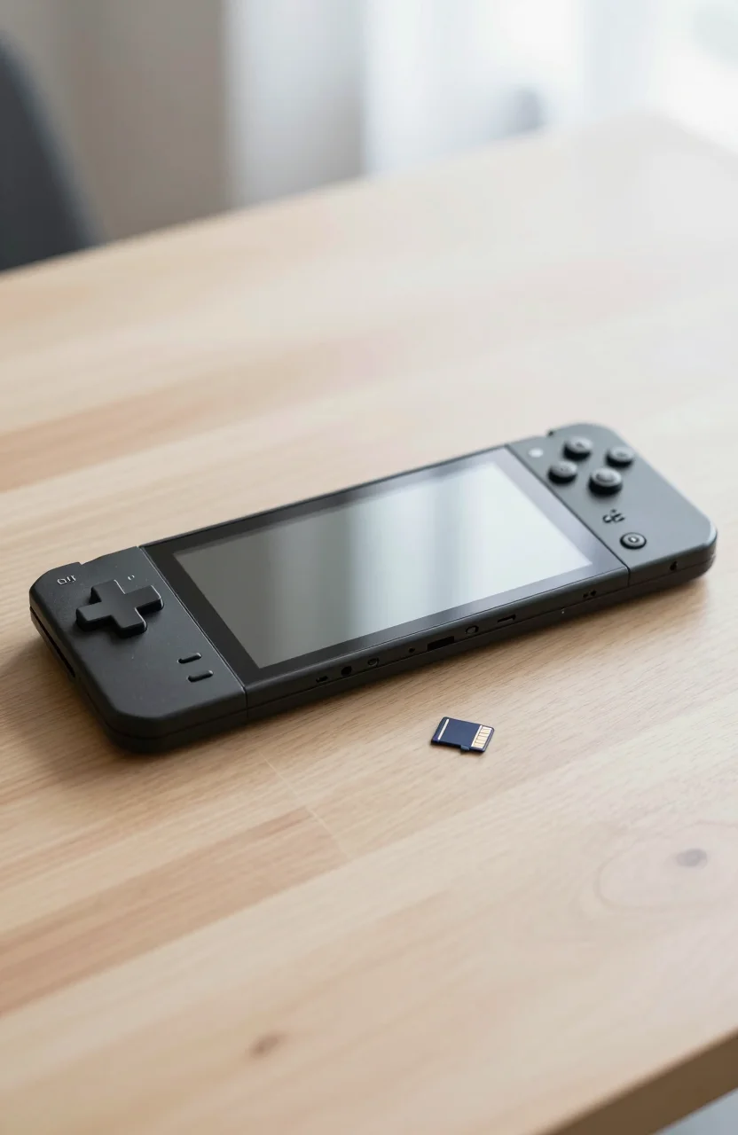 Nintendo Switch console beside a microSD memory card on a bright desk