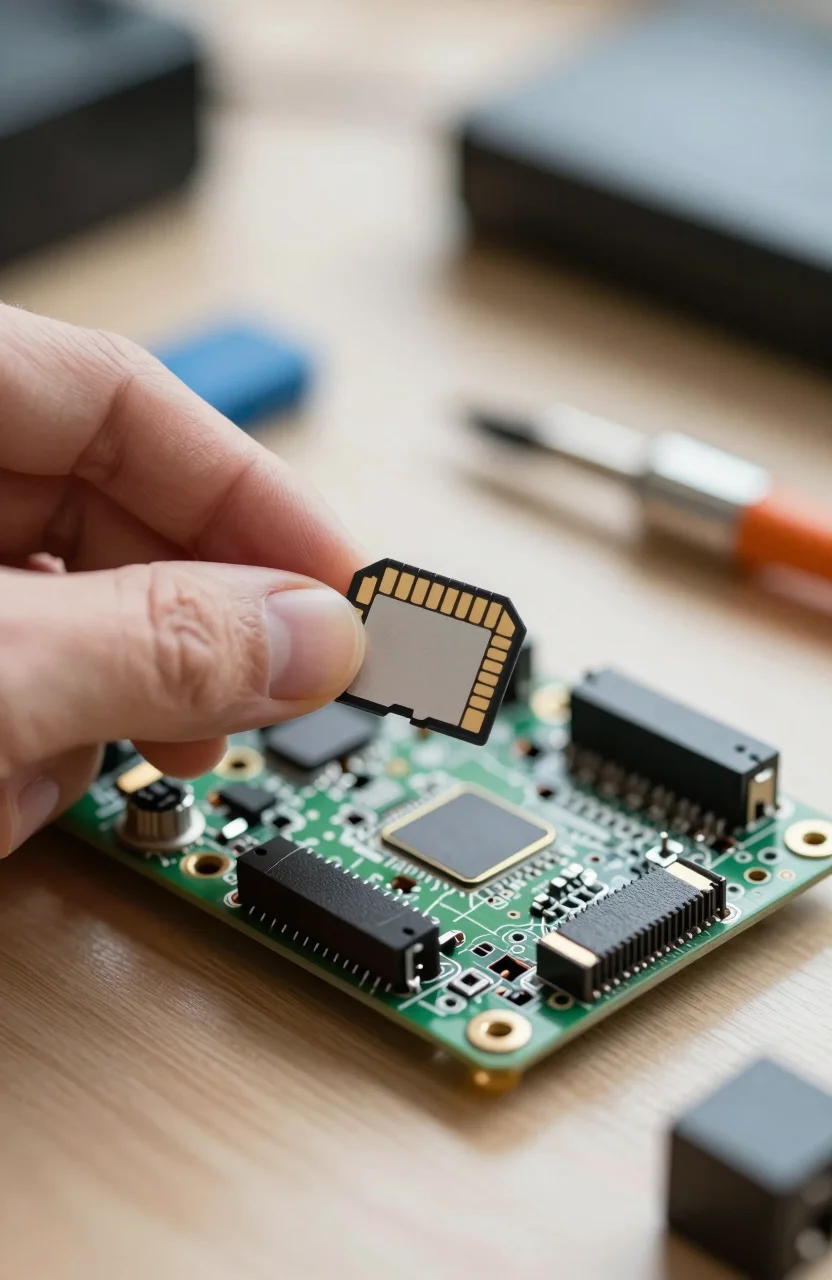 microSD card held above a single-board computer on a workbench