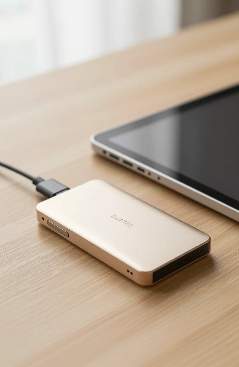 Portable SSD connected by USB-C cable beside an iPad on a clean desk