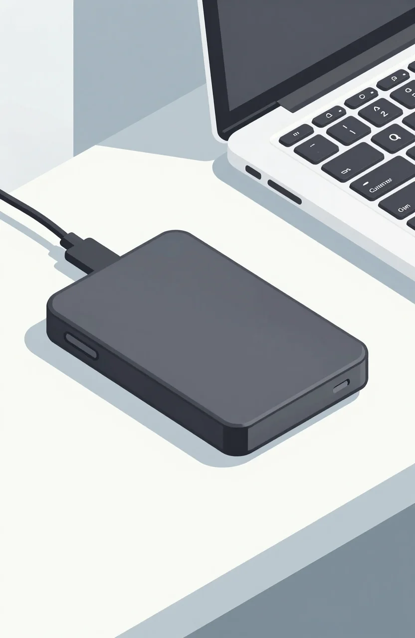 Portable SSD drives next to a laptop on a desk