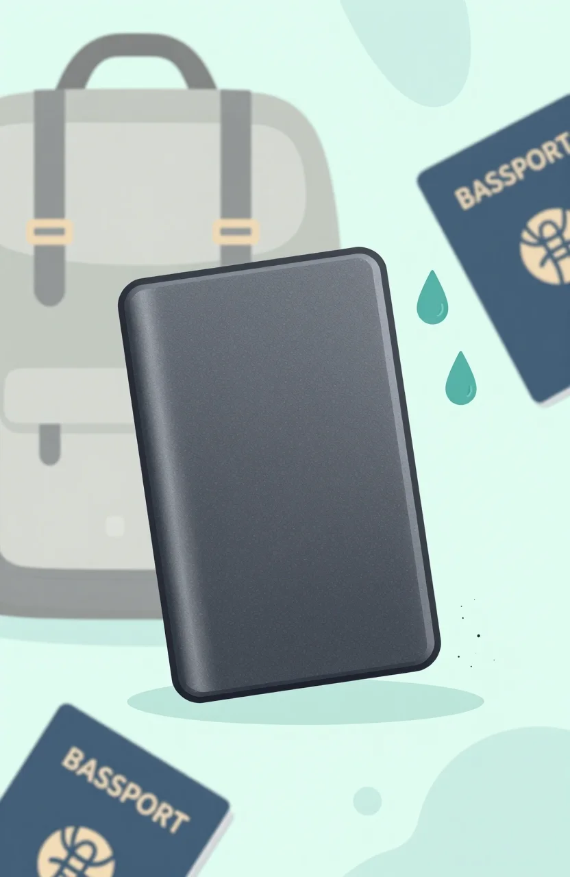 Flat illustration of a rugged portable SSD with dust and water droplets around it, travel bag and passport in background, light colors, clean modern style
