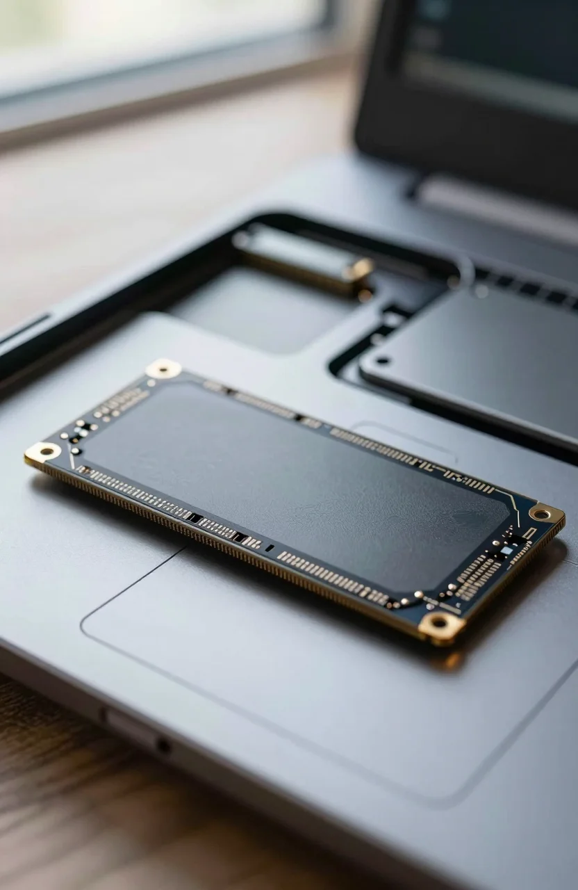 2.5 inch SATA SSD next to an open laptop drive bay