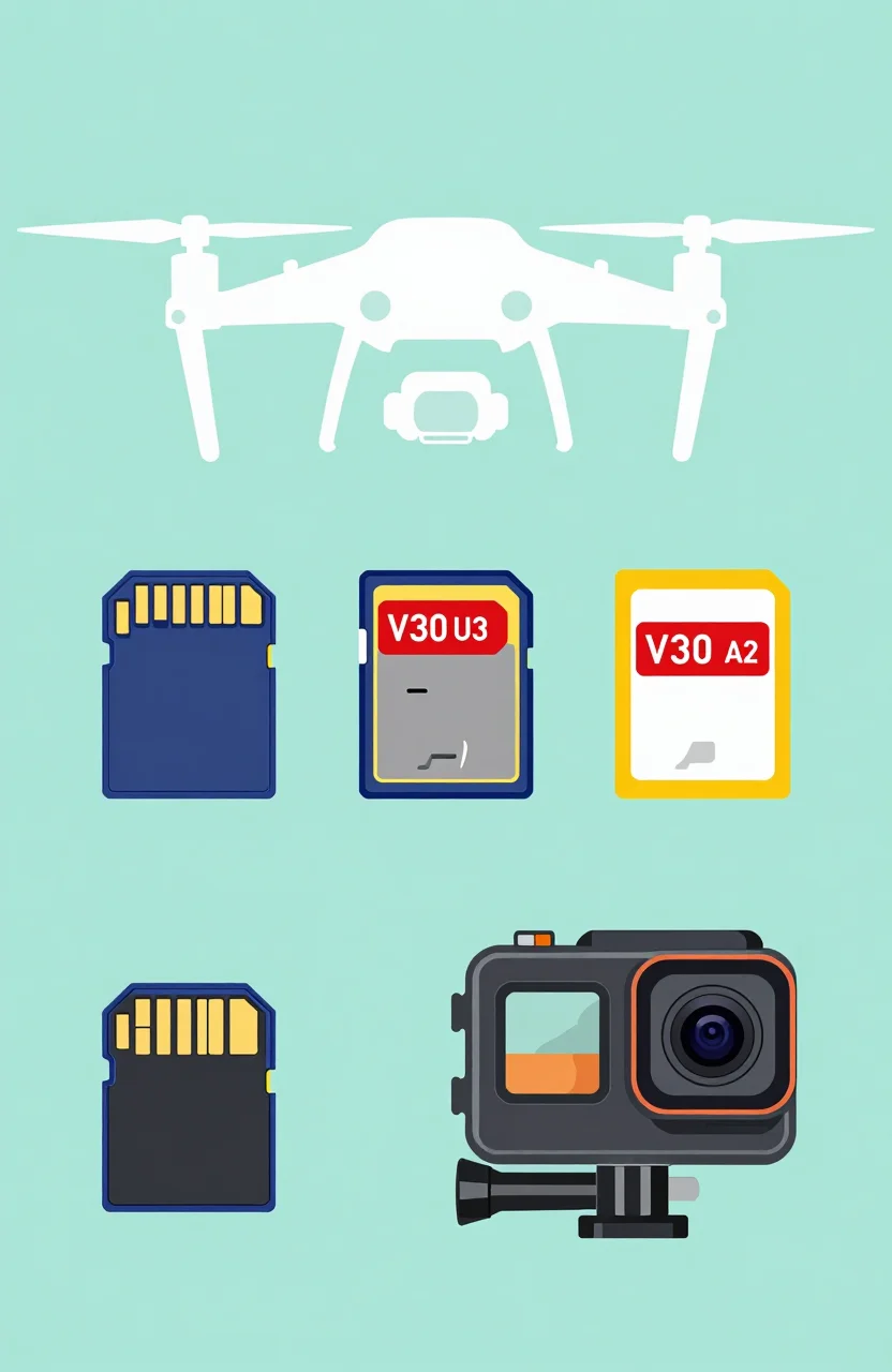 Flat illustration of SD cards and microSD cards arranged for 4K video and drone use, clean light background