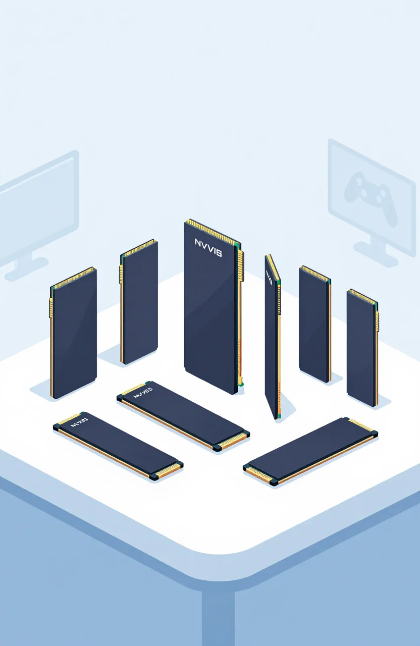 Flat illustration of several NVMe SSD cards displayed on a clean desk with subtle gaming PC setup icons