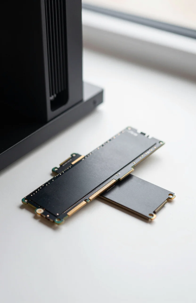 Close-up of an M.2 NVMe SSD with a low-profile heatsink beside a game console expansion bay
