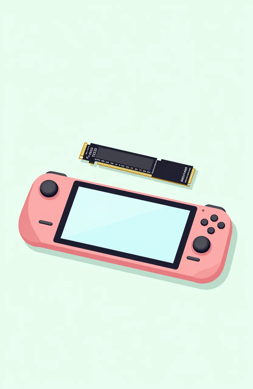 Flat illustration of a handheld gaming console next to a short M.2 2230 NVMe SSD module