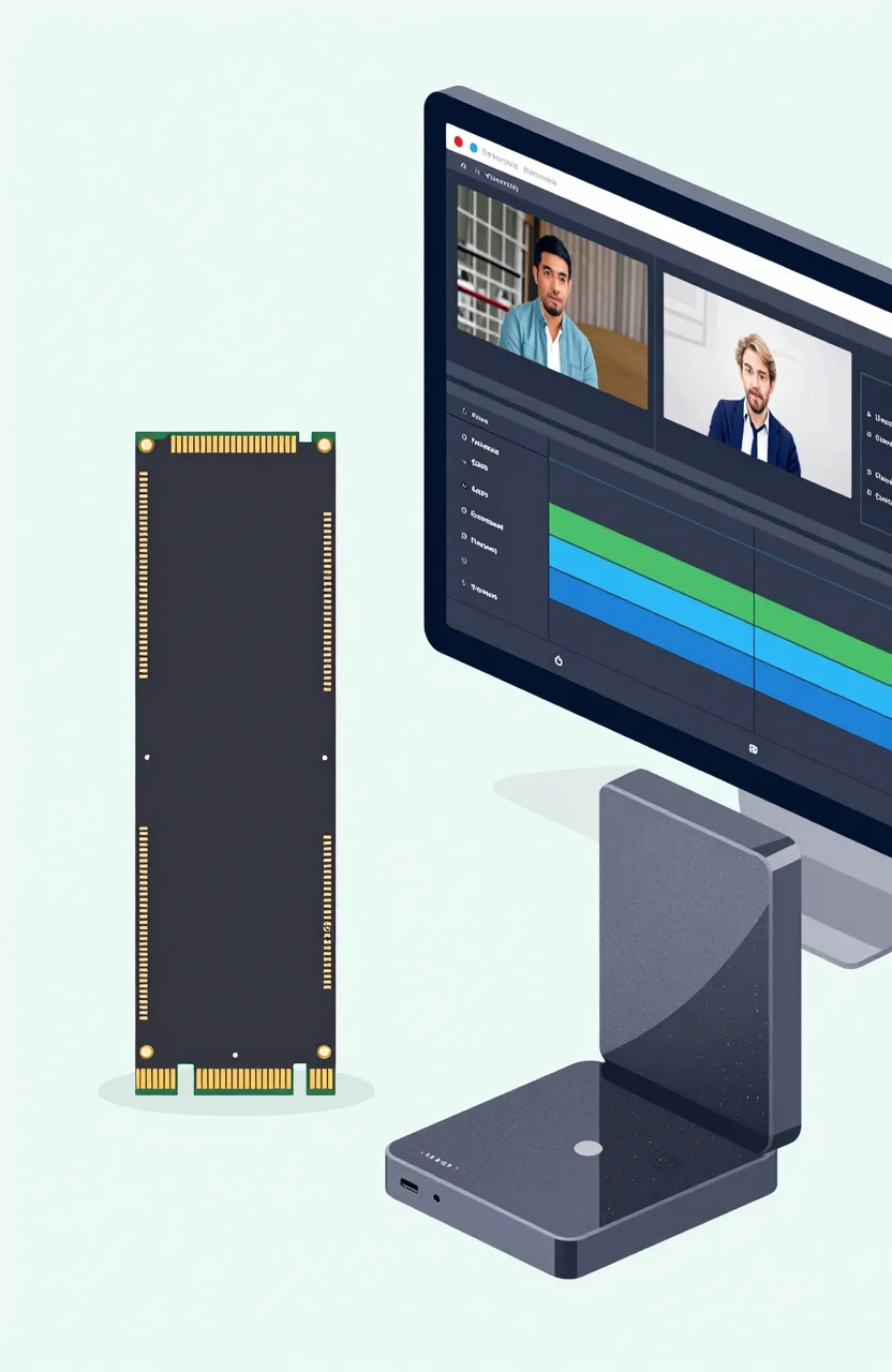 Flat illustration of NVMe SSD drives and a portable SSD next to a video editing timeline on a monitor, light colors, clean modern style