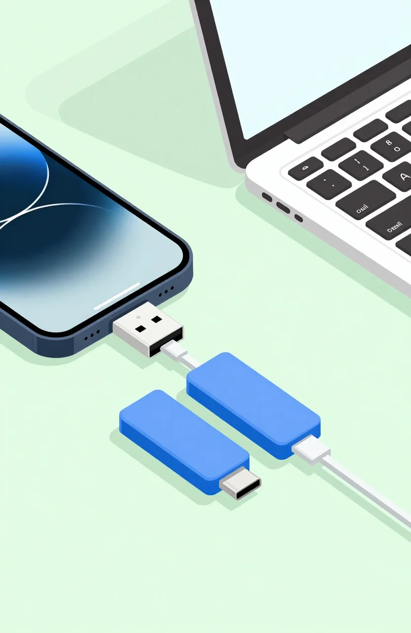 Flat illustration of USB-C flash drives connected to a smartphone and a laptop on a clean light background
