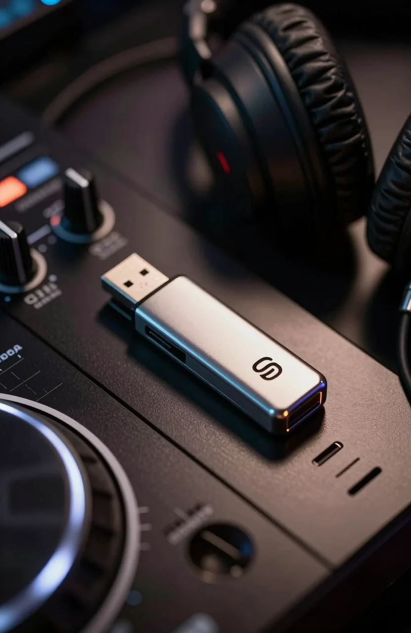 Metal USB flash drive on a DJ controller beside headphone cable