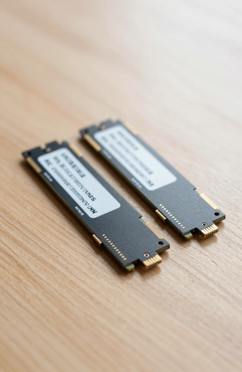 Two black M.2 NVMe SSDs side by side on a light desk