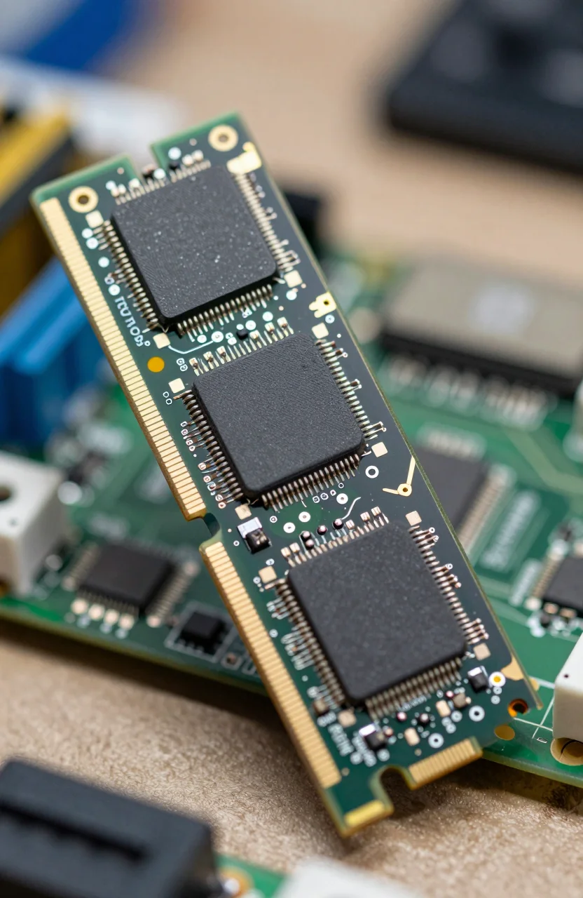 Photorealistic macro of an M.2 SSD circuit board showing controller and memory chips on a soft blurred desk background