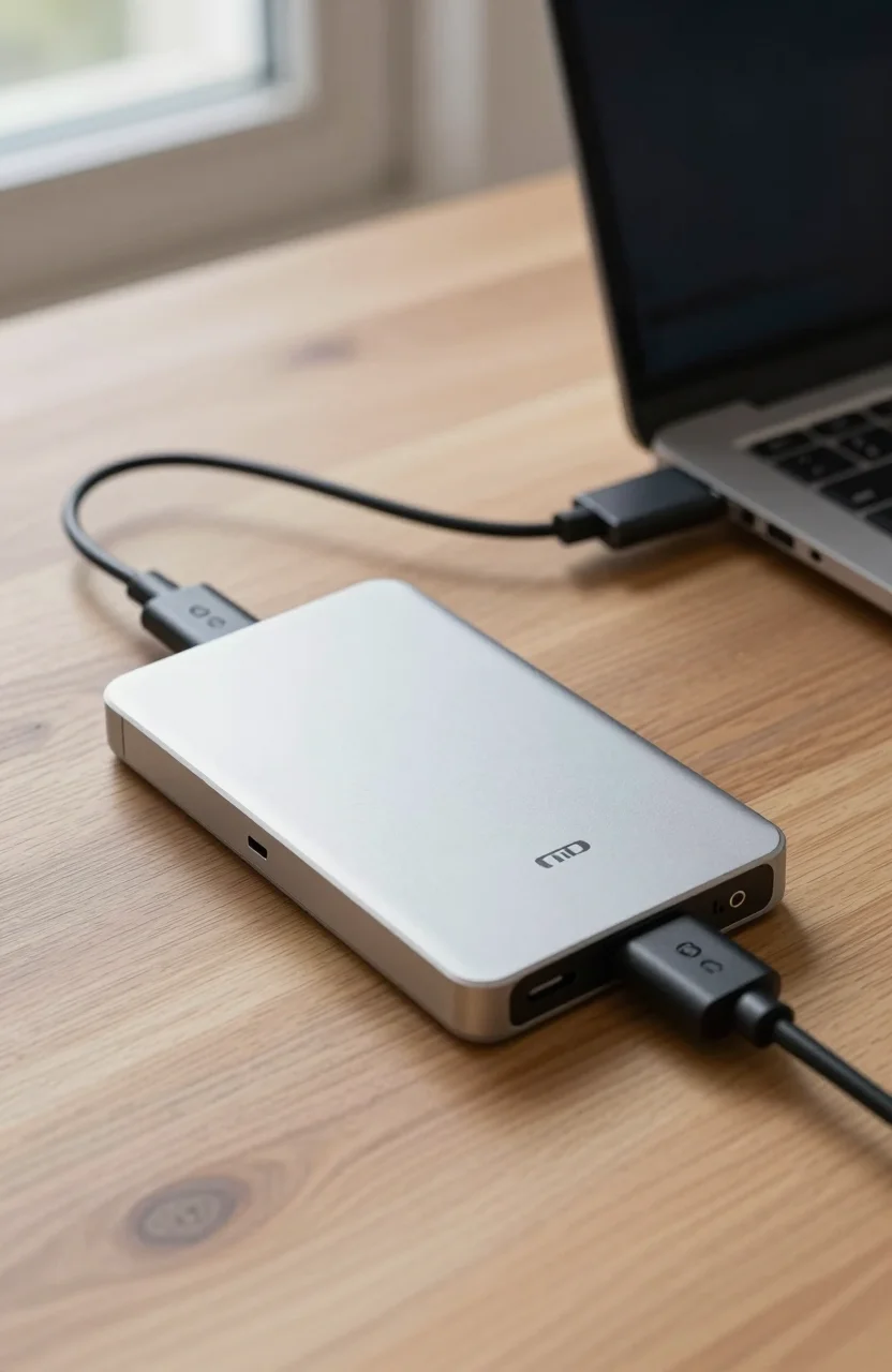 External hard drive and portable SSD connected to a laptop during a backup