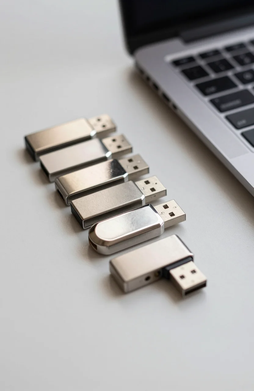 Genuine branded USB flash drives on a desk next to a laptop