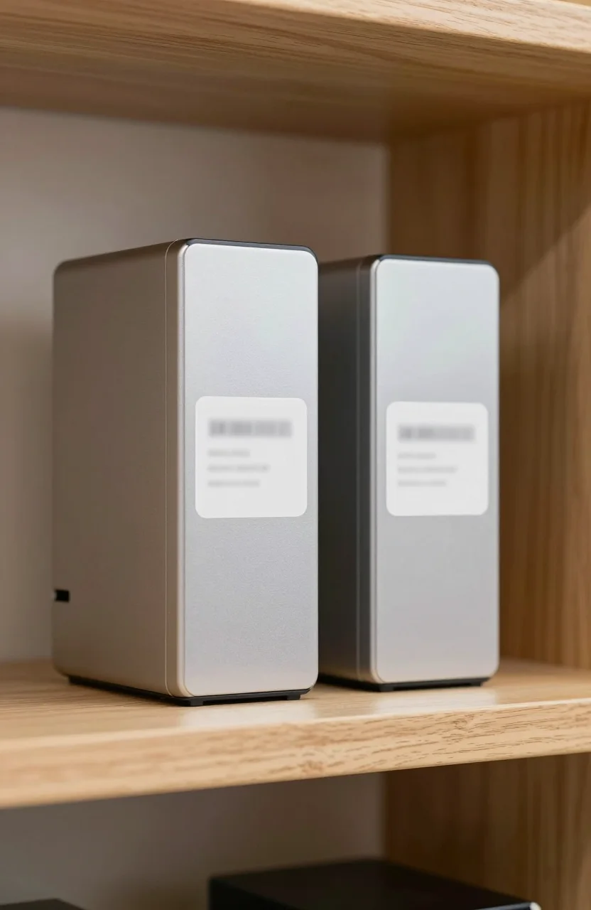 Two silver NAS hard drives standing upright on a light shelf