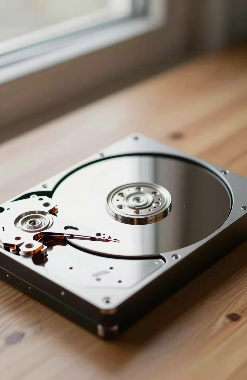 Close-up of a silver enterprise hard drive on a clean workbench
