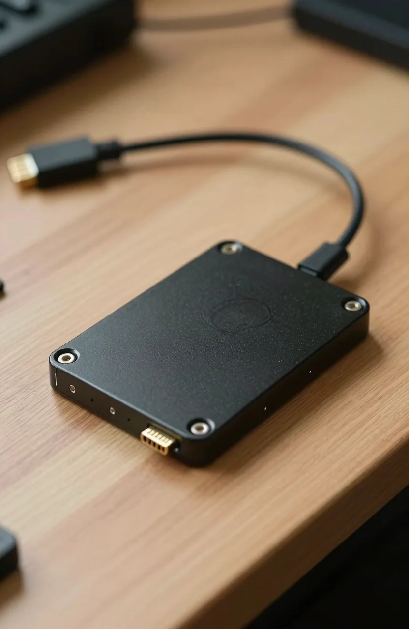 Photorealistic 2.5-inch SATA SSD next to SATA data and power cables on a clean workbench in natural light