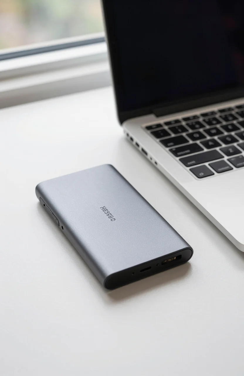 Compact portable SSD next to a laptop on a bright desk
