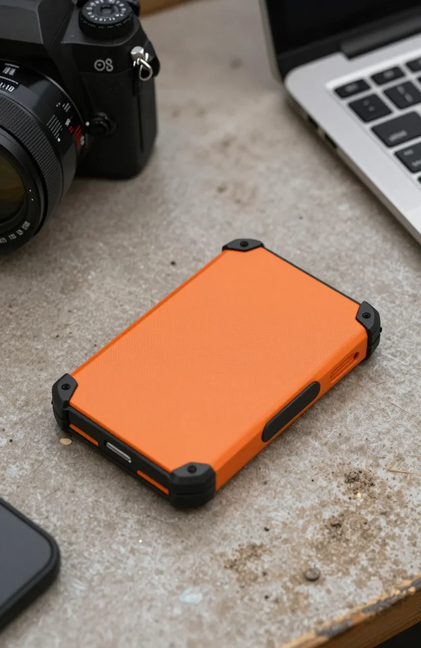 Orange LaCie Rugged portable SSD on a dusty work table