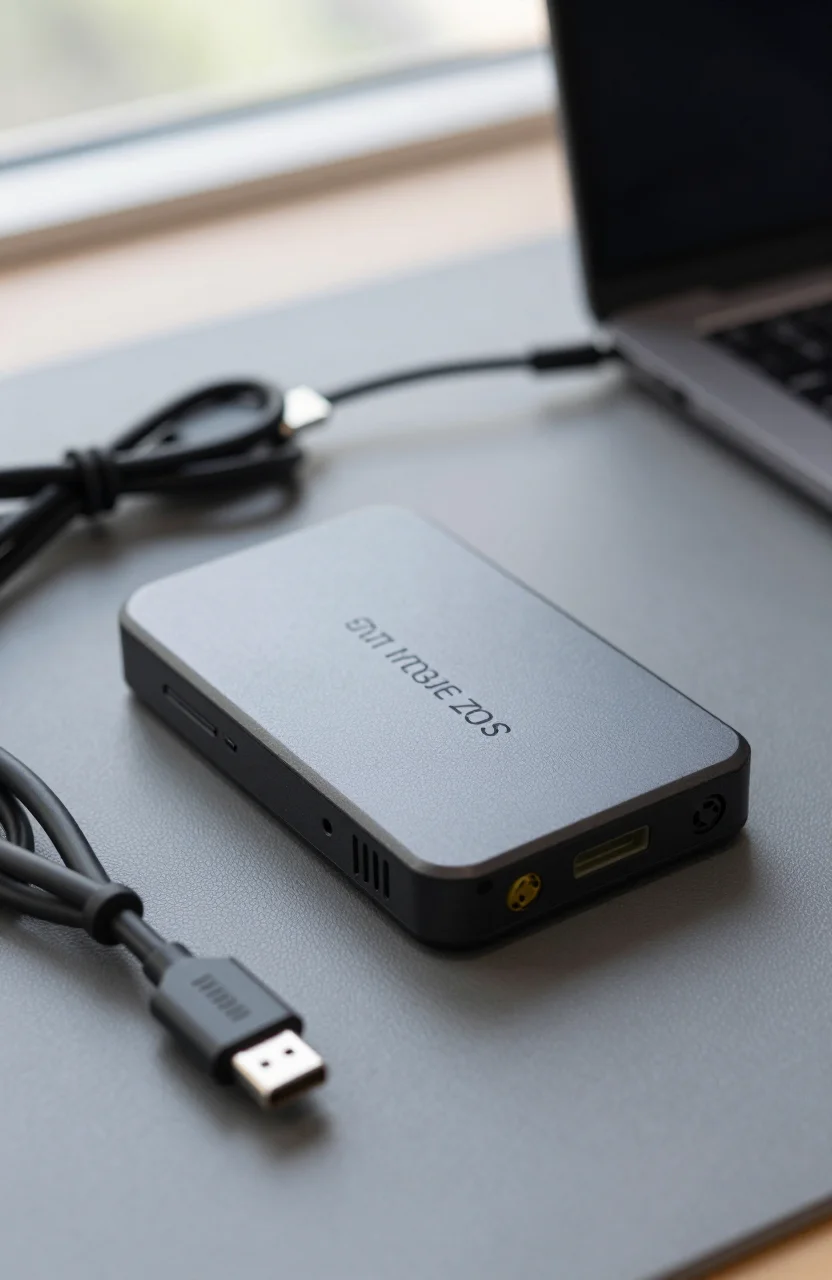 Rugged portable SSD on a travel desk next to a laptop cable