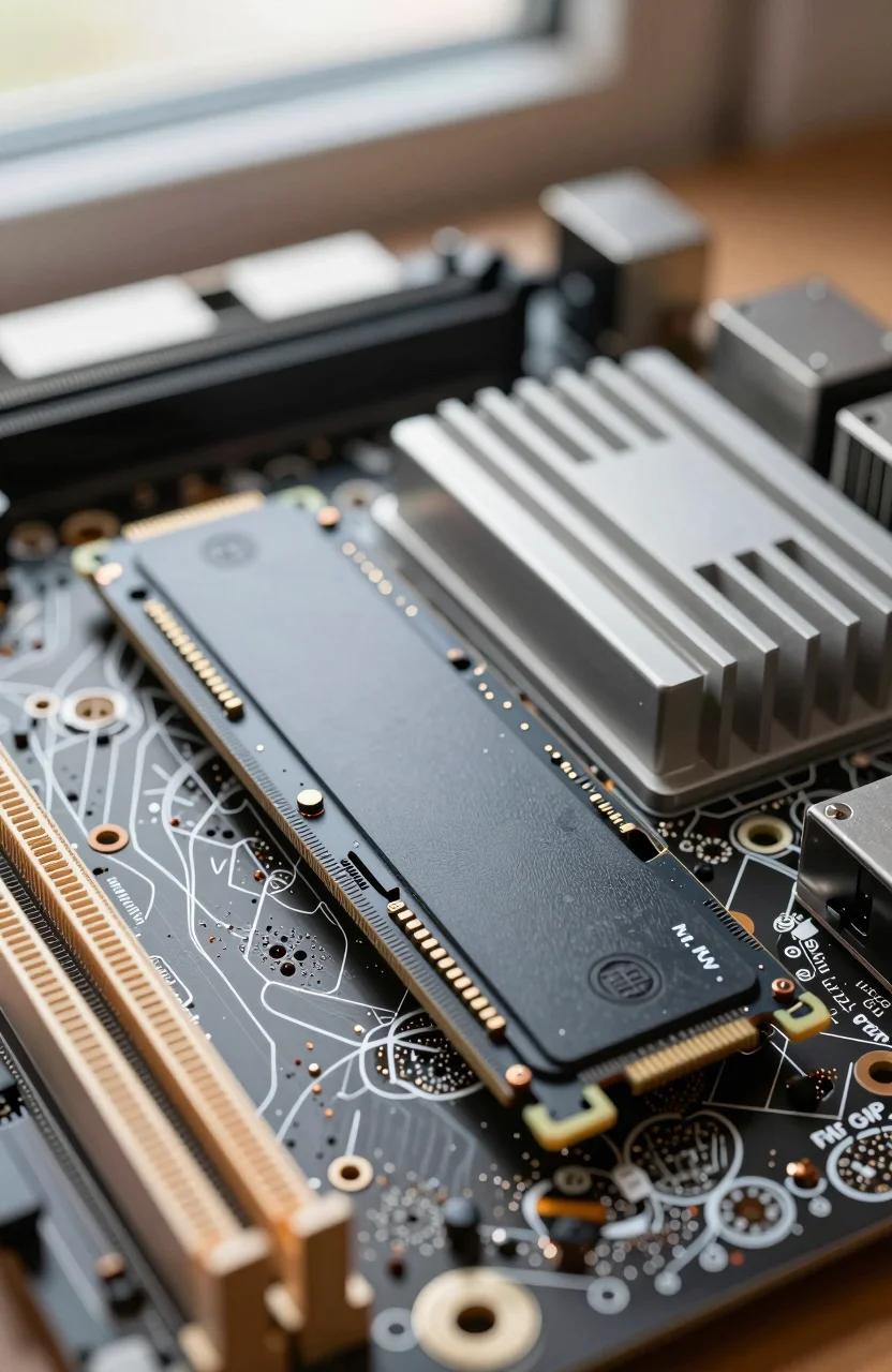 Photorealistic close-up of an M.2 NVMe SSD installed on a desktop motherboard with a nearby heatsink and cable clutter in soft natural light