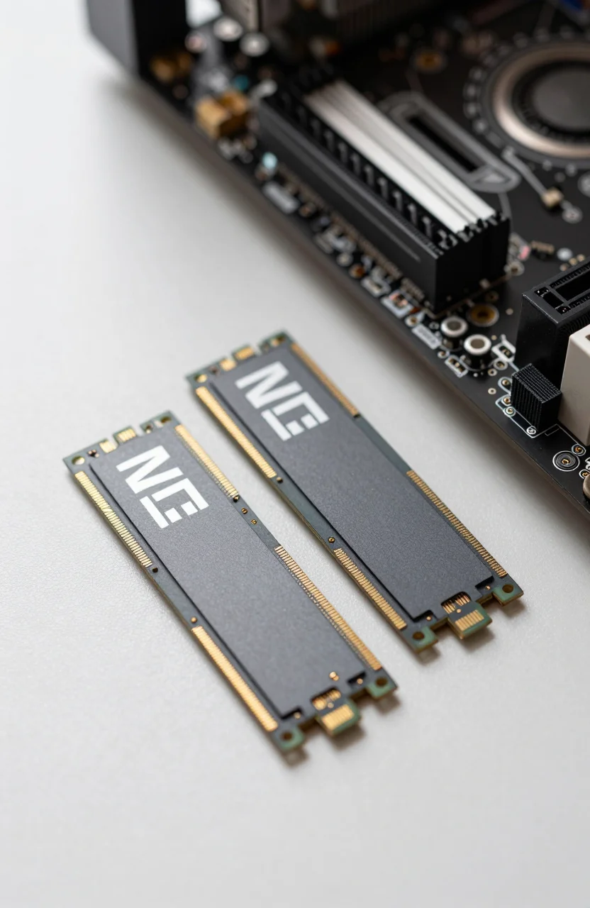 NVMe SSD modules on a desk with soft natural light