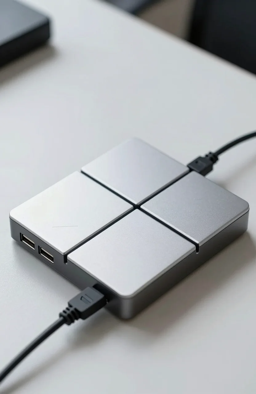 Dual-bay USB hard drive dock with two drives on a workbench