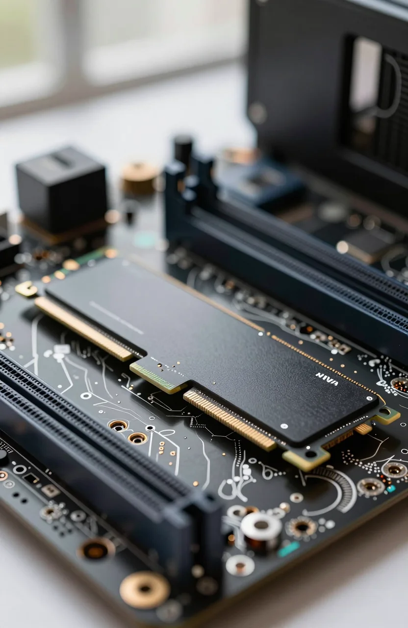 Close-up of a black M.2 NVMe SSD resting on a motherboard near PCIe slots
