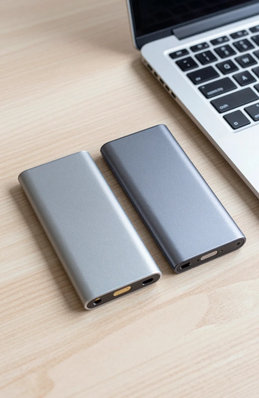 Two premium portable SSDs side by side on a desk