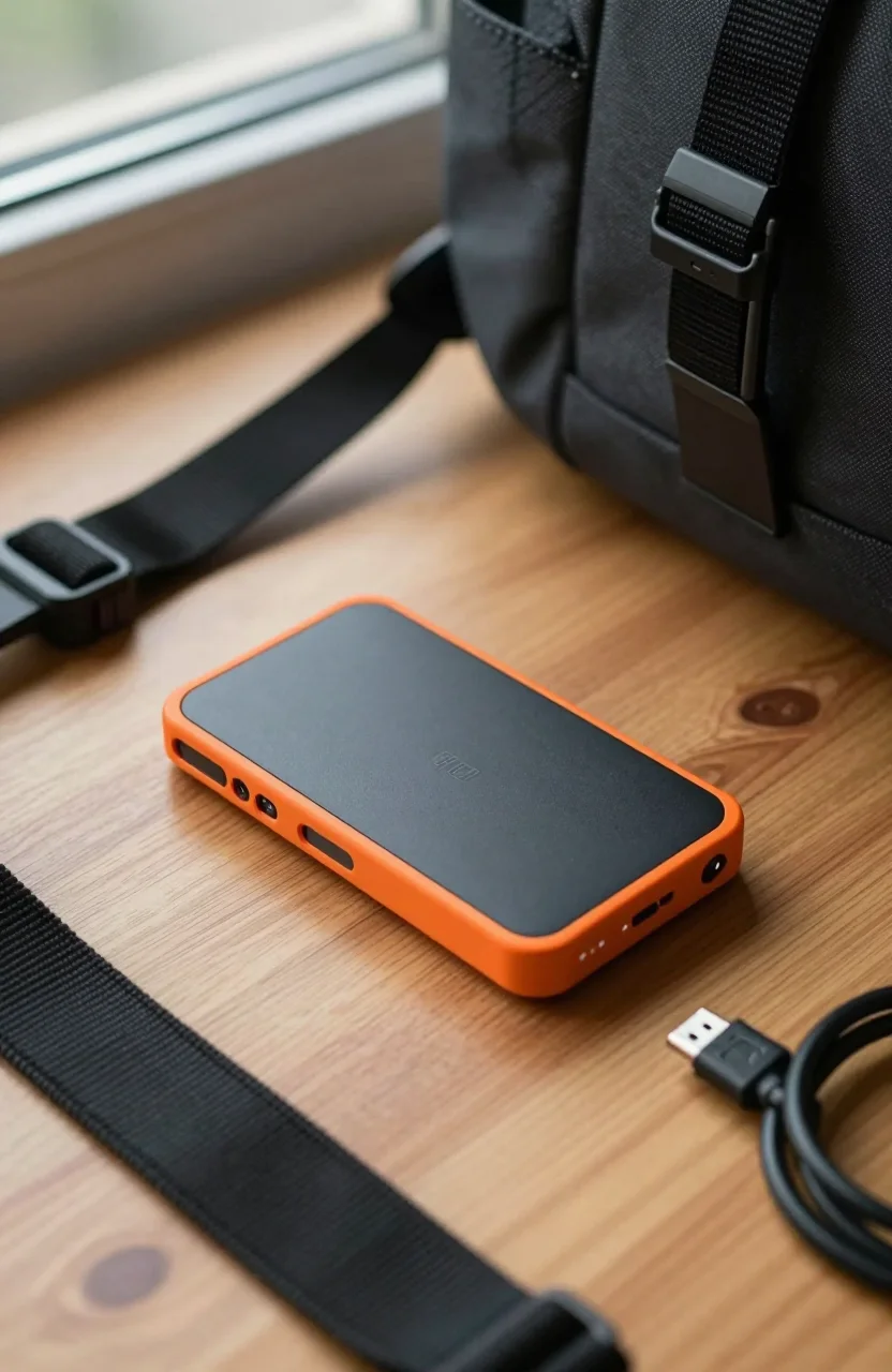 SanDisk Extreme portable SSD on a travel desk next to a camera bag