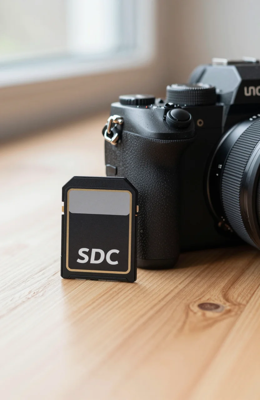 Black SDXC memory card held near a mirrorless camera on a wooden table