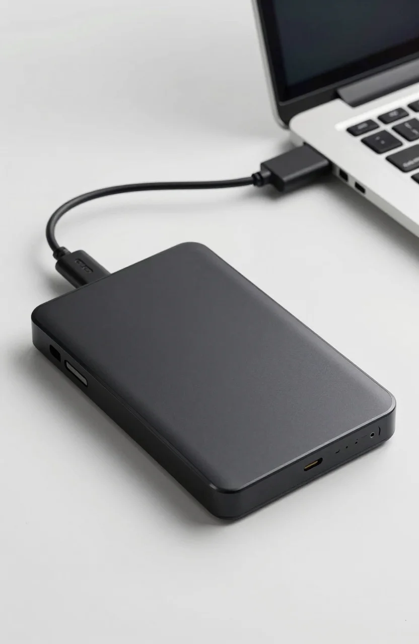 Black portable hard drive connected by USB cable to a laptop on a desk