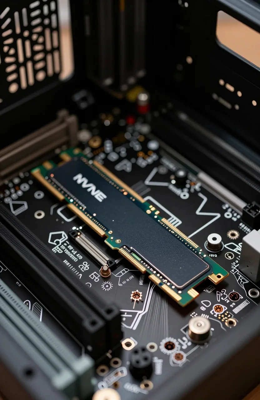 Photorealistic close-up of a installed NVMe SSD inside an open desktop PC case with soft ambient room light