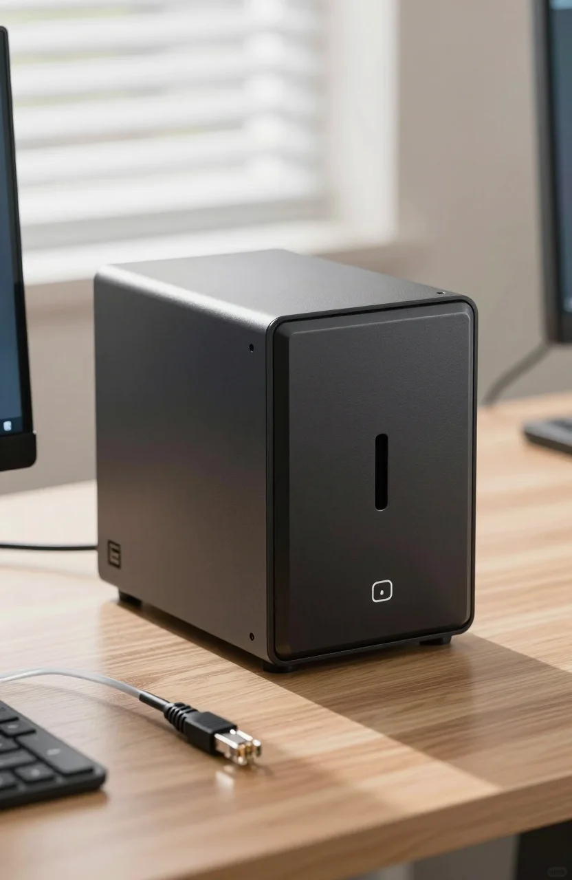 Two-bay home NAS unit on a desk with Ethernet cable