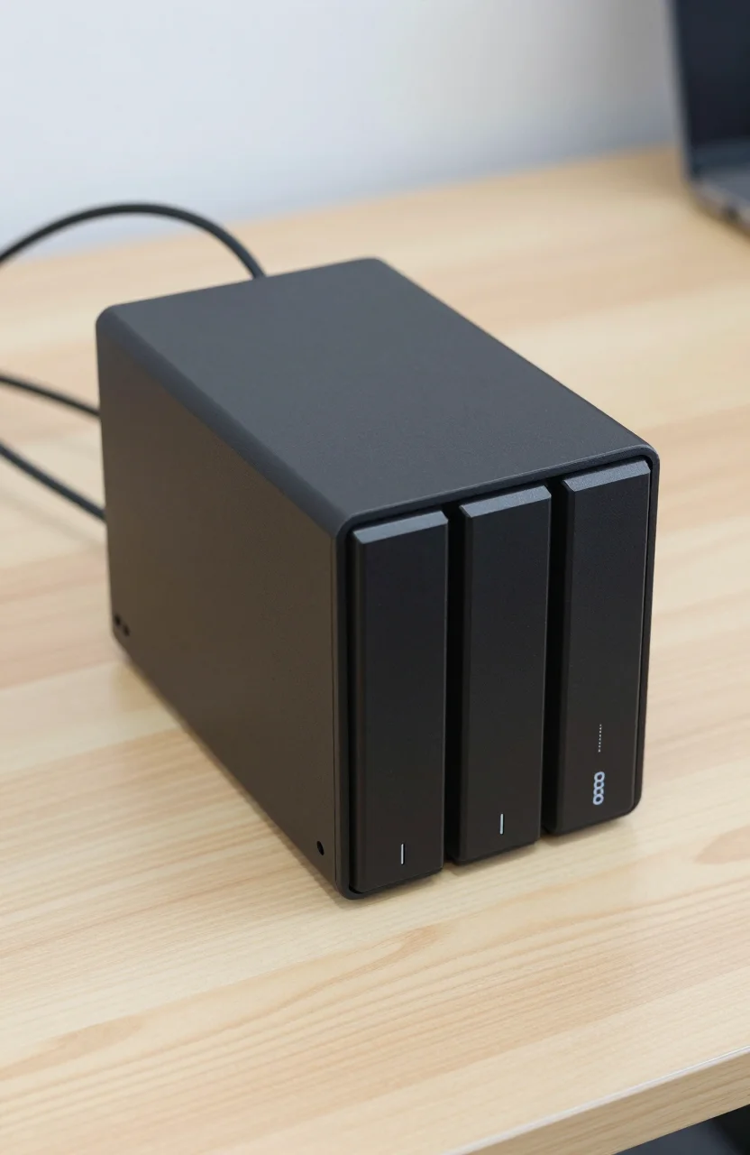 Compact black four-bay network storage enclosure on a wooden desk beside ethernet cables