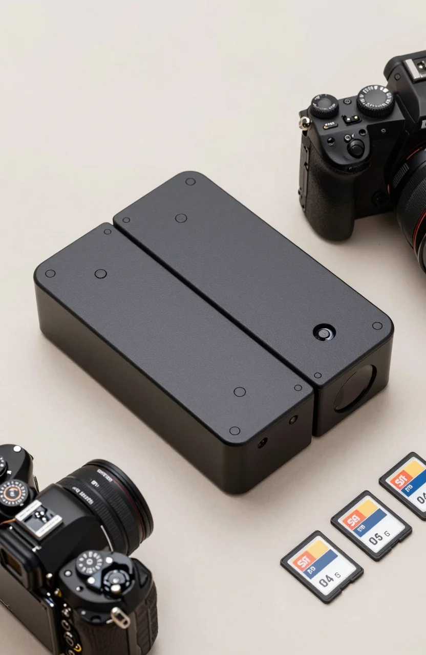 Dual-bay hard drive enclosure next to camera and memory cards