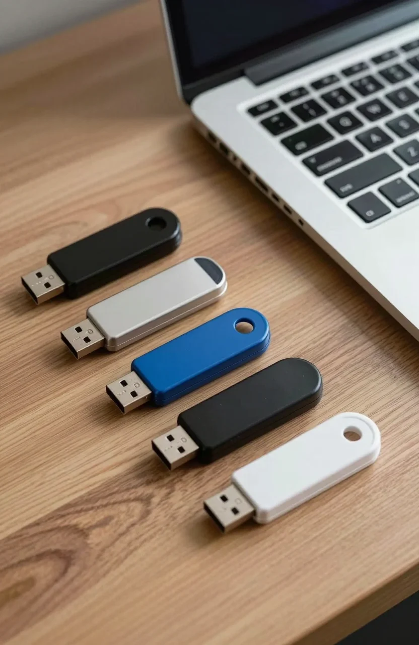 USB flash drives on a desk next to a laptop