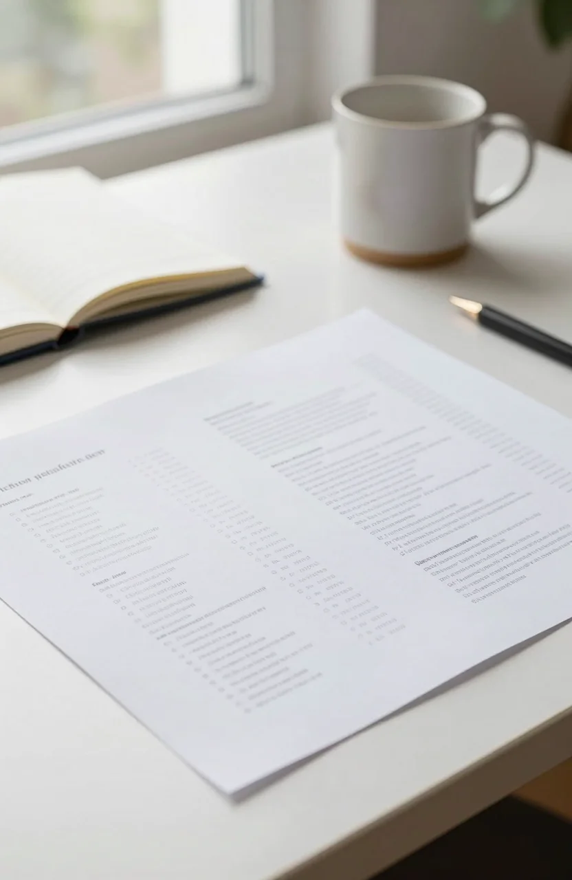 Sunlit agency desk with printed portfolio pages, a notebook, and a calendar, no readable text