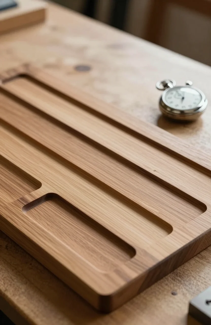 Wooden scoreboard with blank blank tiles and a stopwatch on a sunlit table, no readable numbers