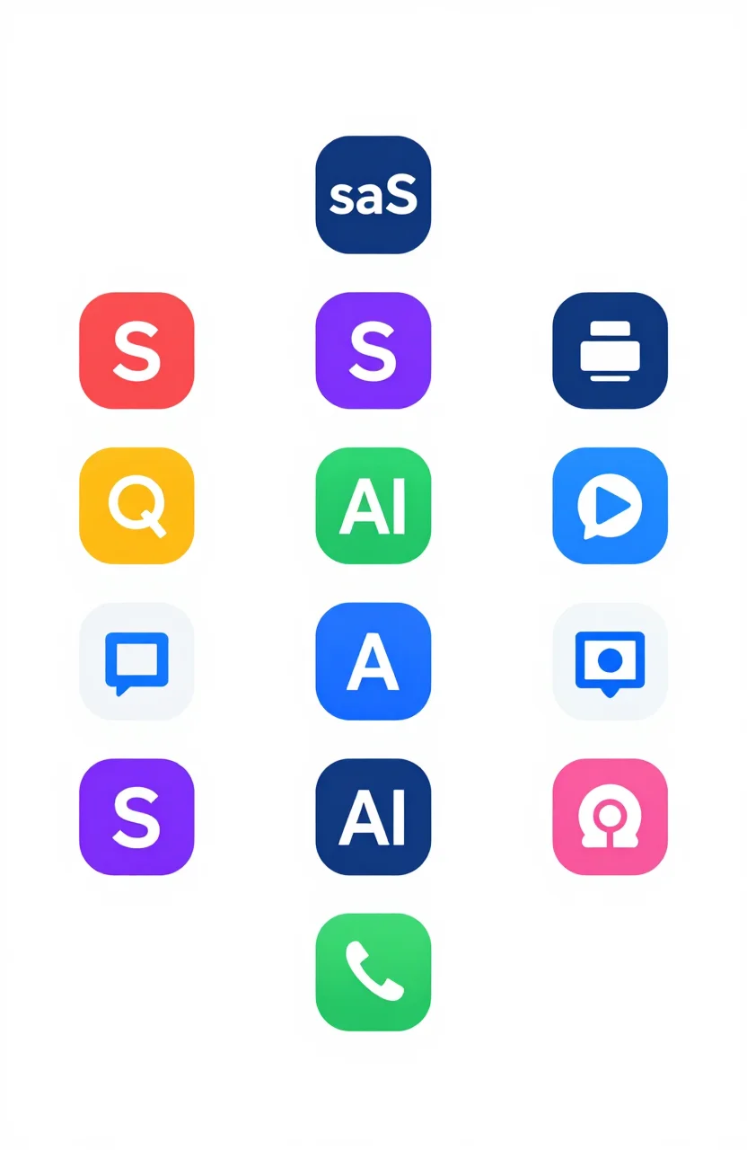 Illustrated grid of directory category icons representing SaaS, AI, marketing, and developer tools on a clean light background