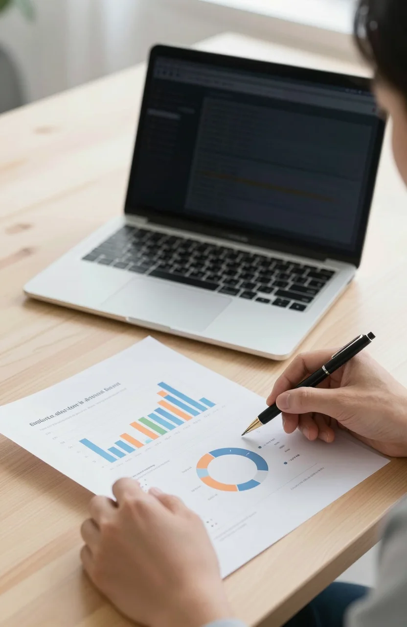 Person reviewing printed charts and a laptop on a bright office desk