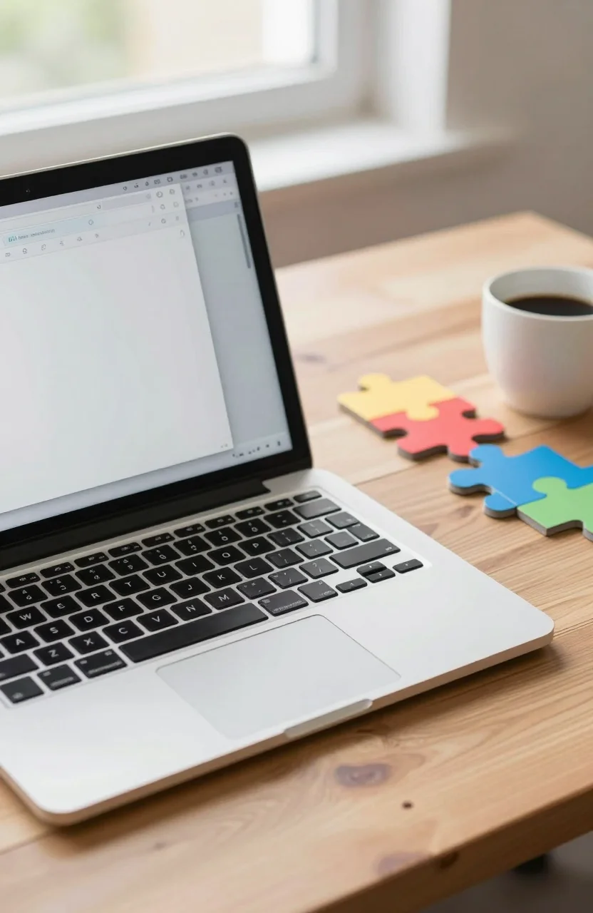 Desk with a laptop open beside a physical browser window mockup and extension puzzle piece shapes in soft daylight