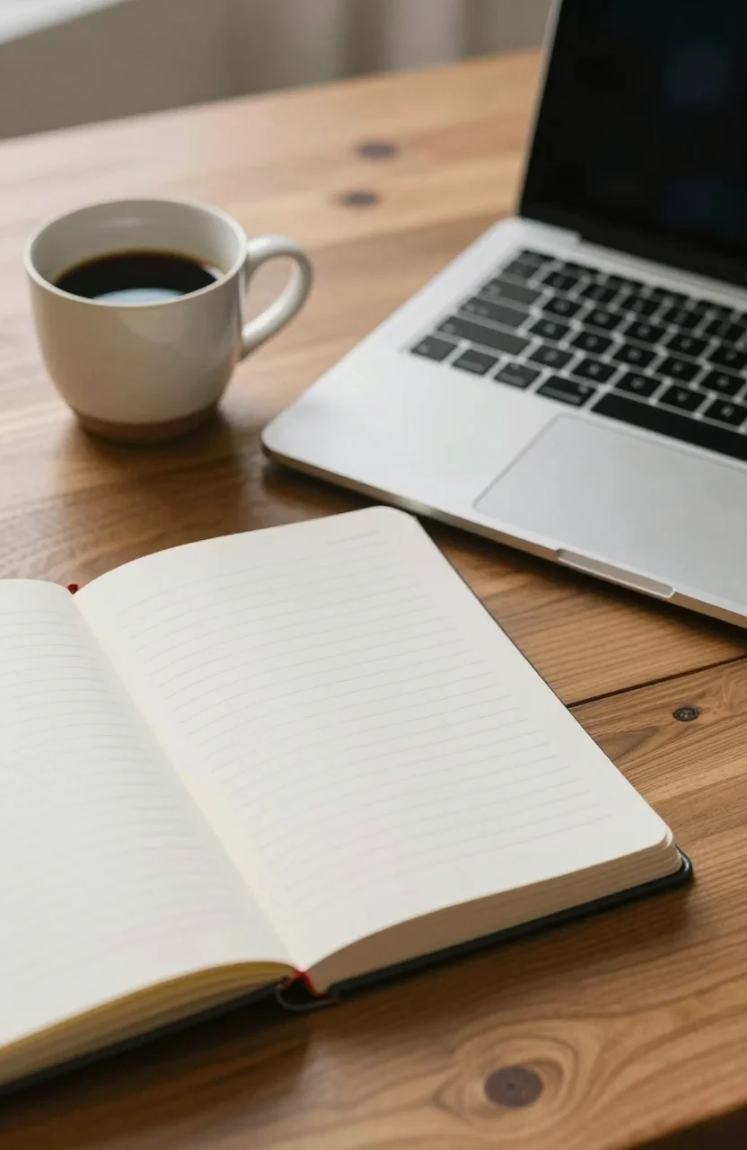 Open notebook and coffee cup beside a laptop in a bright creative workspace