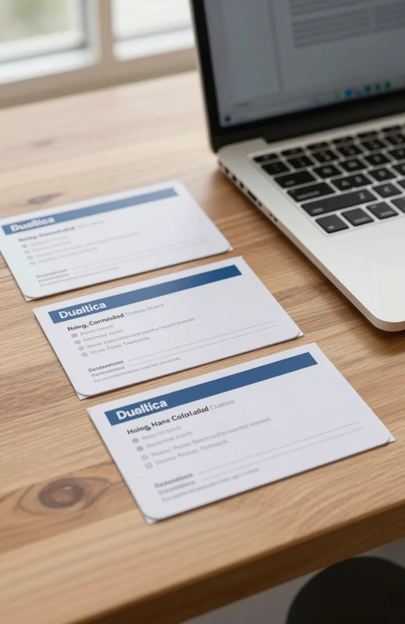 Several matching product cards arranged neatly on a wooden desk beside a laptop