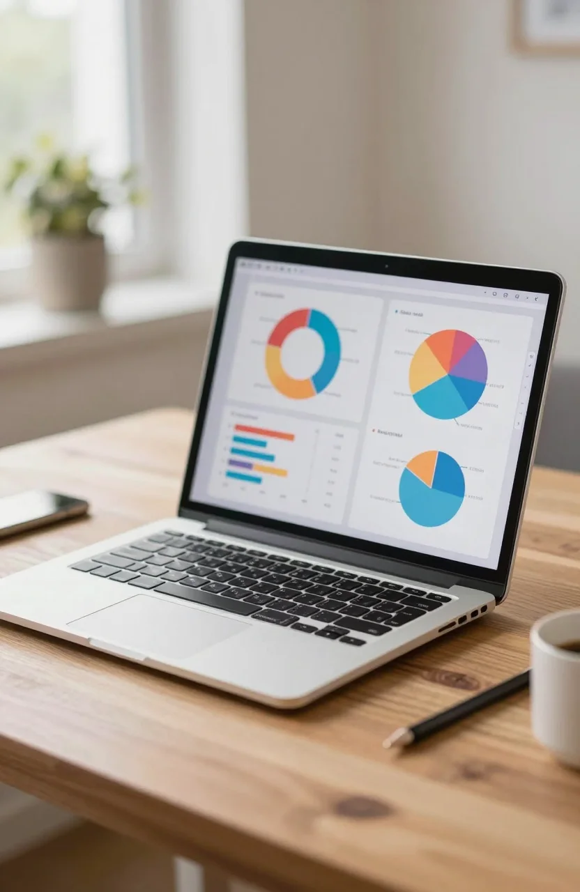 Photorealistic photo of a laptop showing abstract analytics charts on a bright desk