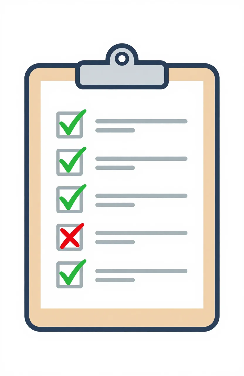 Clipboard checklist with some items checked in green and one marked with a red cross, representing a pre-submission review